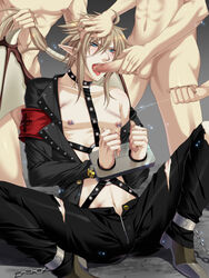 3boys blonde_hair blue_eyes blush bruise censored chains cuffs demon demon_boy demon_wings group_sex injury kairi_(artist) long_hair male monster_boy multiple_boys nipple_piercing nipples penis piercing pointy_ears ponytail string three_on_one tied_hair torn_clothes whip_marks wings yaoi