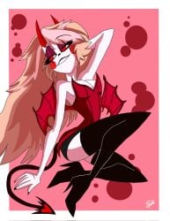 boots charlie_morningstar_(hazbin_hotel) cleavage demon demon_girl hazbin_hotel sitting solo solo_female solo_focus thetitandraw thighs twitter vivienne_medrano vivziepop