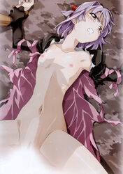 blush breasts censored clenched_teeth dress flat_chest green_eyes highres imminent_rape jinki kousaka_rui lying navel nipples nude official_art purple_hair pussy rape restrained shadow short_hair spread_legs tear torn_clothes tsunashima_shirou vaginal_penetration