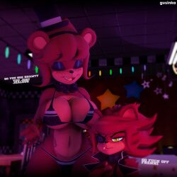 2girls bikini breasts females females_only fexa fexa_(cally3d) fexa_(cryptia) five_nights_at_freddy's foxy_(cally3d) foxy_(fnaf) freddy_(fnaf) fredina's_nightclub fredina_(cally3d) frenni_fazclaire gusinka multiple_girls tagme text