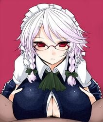 breasts cleavage dark-skinned_male female glasses han64 huge_breasts maid male paizuri paizuri_under_clothes red_eyes sakuya_izayoi silver_hair straight tied_hair touhou twintails