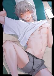 1boy abs absurdres bulge caelus_(honkai:_star_rail) cellphone clothes_lift grey_hair grey_male_underwear hachiten hair_between_eyes highres honkai:_star_rail honkai_(series) looking_at_viewer lying male_focus male_underwear muscular muscular_male navel nipples open_mouth phone pillow shirt shirt_lift smartphone solo solo_male spread_legs stomach underwear white_shirt yellow_eyes