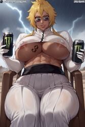 1girls abs ai_generated areola areola_slip areolae arrancar big_areola big_breasts bleach bleach:_the_thousand-year_blood_war blonde_hair dark-skinned_female dark_skin daulawkins glasses hakama large_areolae large_breasts long_sleeves looking_at_viewer looking_over_eyewear looking_over_glasses looking_over_sunglasses milf mommy monster_energy_can muscular_female nipple_bulge nipples_visible_through_clothing queen solo stable_diffusion sunglasses thick_thighs thighs throne tia_harribel tinted_eyewear underboob voluptuous yellow_hair