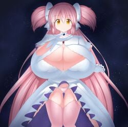 1girl absurdres alternate_breast_size breasts breasts_bigger_than_head breasts_bigger_than_planet choker dress earth_(planet) giant giantess gloves highres jewelry large_breasts madoka_kaname mahou_shoujo_madoka_magica mahou_shoujo_madoka_magica_(anime) pink_hair planet ribbon smile solo_focus space terada_ochiko ultimate_madoka underwear white_choker white_dress white_ribbon