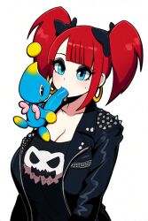 ai_generated blowjob chao_(sonic) goth goth_girl goth_mommy hairbow izzyredlove_(oc) leather_jacket original original_character penis red red_hair twintails twintails_(hairstyle) wings