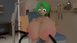 2021 3d 3d_(artwork) blender breast_expansion freckles fuku_(squidly) green_eyes green_hair hose hose_inflation huge_breasts nipple_penetration nude_female sitting_on_chair squidly tube tube_in_nipple