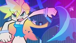 animated ass blue_eyes bottomless canonical_scene cleavage dress dress_removed earrings no_panties no_sound official_animation official_art panty_&_stocking_with_garterbelt panty_anarchy pussy screencap studio_trigger two_tone_hair vagina video