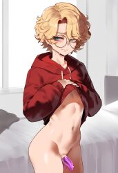 1boy ai_generated bedroom blonde_hair condom curly_hair cute exposed femboy girly_boy green_eyes happy happy_sub hoodie hoodie_only male_only male_solo malesub original original_character round_glasses shirt_lift shy slight_smile slim small_penis smile solo steamy_ai wavy_hair wholesome