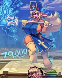 anthro big_breasts blonde_hair breasts deltarune earrings female gloves hourglass_figure huge_breasts large_breasts long_hair mammal nipple_bulge no_bra noelle_(deltarune) noelle_holiday open_mouth priest_(dq3)_(cosplay) reindeer snao staff tagme undertale_(series) white_thighhighs