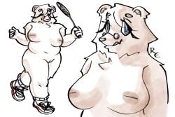 absurd_res alice_(mealhead) anthro athletic_wear bear belly big_breasts biped blue_eyes bottomwear breasts brown_body closed_eyes clothing digital_media_(artwork) eyewear female footwear footwear_only front_view fur glasses gym_bottomwear happy hi_res inverted_nipples looking_at_viewer mammal mature_female mealhead mostly_nude nipples nude nude_anthro nude_female round_glasses running shirt shoes shorts simple_background slightly_chubby smile sneakers solo thick_thighs three-quarter_view topwear white_background