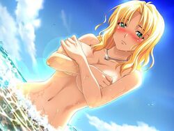 beach bikini_malfunction blonde_hair blush bomi censored character_request convenient_censoring covering embarrassed enf enomoto_madoka erect_nipples green_eyes jewelry lost_bikini mature necklace no nude nude_cover ocean sea shy sim_love_~hitonatsu_no_kiseki~ source_request upset wet