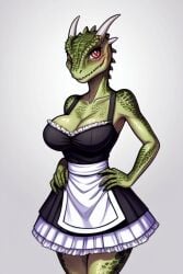 ai_generated anthro argonian argonian_female big_breasts female_anthro hands_on_hips maid_uniform rataddict skirt standing