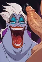 ai_generated balls blowjob blowjob_face blue_skin cock cock_worship disney disney_villains excited happy_female horny_female open_mouth oral_sex penis penis_out the_little_mermaid the_little_mermaid_(1989_film) ursula ursula_(the_little_mermaid) villainess witch