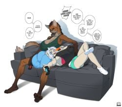 2019 2boys armpit badger big_breasts boosterpang bra bulge busty_boy canine controller dan_(bng) furry glasses hyper hyper_bulge jamie_(boosterpang) male_only maned_wolf mustelid sleeveless_shirt socks sofa underwear white_background