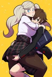 2d ai_generated ann_takamaki game girls hug kissing kissing_cheek lesbian_kiss love makoto_niijima persona persona_5 school_girl school_uniform schoolgirl schoolgirl_uniform teen teen_girl teenager video_game yuri