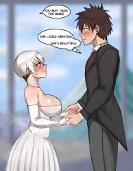 1boy banvart5 big_breasts blush bride eye_contact female groom marriage off_screen_character size_difference suit sweating uzaki-chan_wa_asobitai! uzaki_hana wedding_dress