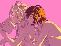 2girls asamkii book nude pink_background red_hair ruby_rose rwby weiss_schnee white_hair yellow_light yuri