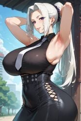 ai_generated armpit_focus armpit_sniffing armpits ass big_breasts fat_ass fat_butt femdom jujutsu_kaisen mei_mei_(jujutsu_kaisen) slim_waist smirk smirking smug sweaty sweaty_armpits tight_clothing tight_fit white_hair wide_hips