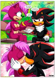 anthro bbmbbf bench black_fur blush breasts comic female french_kiss kissing male male/female mobian_(species) mobian_mating_season_(comic) mobius_unleashed nude palcomix pink_fur sega shadow_the_hedgehog sonia_the_hedgehog sonic_(series) sonic_the_hedgehog_(series)