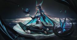 2d breasts butterfly cyan_eyes cyan_hair faerie_court_series faerie_court_syndra feet female league_of_legends long_hair piscina_(artist) syndra