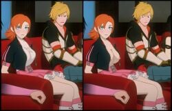 1boy 1girls breasts_out_of_clothes edit female flashing jacket jaune_arc male nora_valkyrie rwby segal03