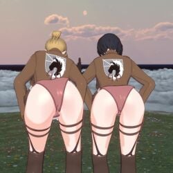 2girls 3d animated anime anime_style annie_leonhardt ass attack_on_titan blender butt_focus female_focus female_only mikasa_ackerman shaking_butt sofiatheartist tagme twerking video