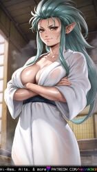 ai_generated big_breasts breasts bust cleavage crossed_arms earrings female glistening glistening_body glistening_eyes green_hair humanoid long_hair looking_at_viewer neonn3k0 onsen pointy_ears robe ryoko_hakubi shiny shiny_skin sidelocks smirk smirking smirking_at_viewer standing steam tenchi_muyo! towel wet yellow_eyes