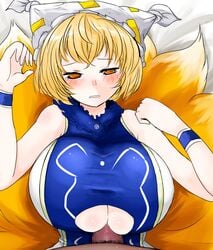 blonde_hair blush breasts censored dark-skinned_male fur han64 han_(jackpot) hat huge_breasts multiple_tails paizuri paizuri_under_clothes penis penis_under_clothes ran_yakumo tail touhou underboob