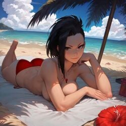 1girls ai_generated ass beach bikini bikini_bottom boku_no_hero_academia breasts civitai feet female full_body large_breasts momo_yaoyorozu my_hero_academia on_stomach outdoors pikachu1938 solo tagme the_pose topless water