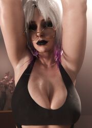 1girls 3d alternate_version_available armpit_pose armpits arms_up background bare_arms black_eyeshadow black_lipstick covered_nipples cutout dbd dead_by_daylight dyed-hair dyed_hair eyeglasses eyeshadow facing_viewer female female_only front_view glasses glasses_on_nose goth goth_girl green_eyes heavy_makeup hoop_earrings hoop_earrings_oversized huge_breasts indoors looking_at_viewer messy_hair mismatched_eyebrows nipples_covered non_nude pink_light presenting_armpits purple_fade_hair round_glasses sable_ward shaved_armpit shaved_armpits short_hair silver_hair small_smile smile smiling solo tank_top upper_body vexonair voluptuous voluptuous_female wild_hair