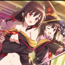 2girls belt big_breasts blush bow_ribbon braided_hair braless brown_hair embarrassed empty_eyes gloves half_naked half_nude indoors kono_subarashii_sekai_ni_shukufuku_wo! large_breasts looking_at_viewer magician_hat marusankaku_neo megumin multiple_girls navel no_bra no_panties one_eye_closed pantyless school_uniform tie yunyun_(konosuba)