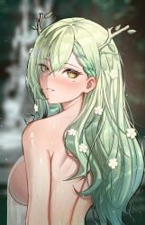 1girls back_view blush ceres_fauna cute flowers_in_hair green_hair hololive hololive_english hololive_english_-council- hololive_english_-promise- jamesloves_art long_hair looking_back_at_viewer naked_female sideboob smiling smiling_at_viewer virtual_youtuber