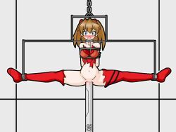 asuka_langley_sohryu blush bondage brown_hair chains collar functionally_nude gainax large_insertion neon_genesis_evangelion restrained restrained_arms restrained_legs shocked_expression simple_background solo splits vaginal vaginal_insertion vaginal_penetration