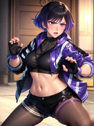 ai_generated ass ass_focus athletic_female bandai_namco belly_button big_ass female female_only gloves jacket looking_at_viewer looking_back midriff namco navel nude pantyhose reina_mishima see-through see-through_clothing short_hair short_pants shorts tekken tekken_8 tomboy