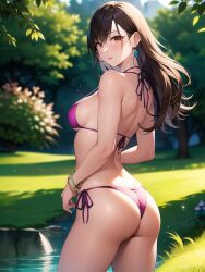 1girls ai_generated ai_mirror blush bracelet brown_eyes brown_hair earrings forest grass long_hair looking_at_viewer medium_ass purple_bikini rear_view river small_breasts tree white_skin