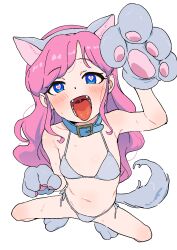 1girls aikatsu! aikatsu!_(series) amahane_madoka animal_ears bikini blue_eyes blush cat_ears collar cute_fangs fake_animal_ears fangs female flat_chest gloves heart heart-shaped_pupils long_hair navel open_mouth osame paw_gloves paw_shoes petplay pink_hair side-tie_bikini_bottom simple_background spread_legs squatting swimsuit tail tongue tongue_out white_background young