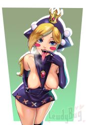 1girls blonde_hair blue_eyes breasts clothing crown fangs female female_focus female_only flashing_breasts gloves green_background lewdybug looking_at_viewer mario_(series) mario_tennis medium_breasts mouth_hold nipples open_mouth see-through_panties self_upload simple_background smiling solo standing tongue tongue_out wapeach watermark white_border