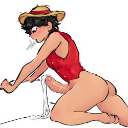 1boy adult big_ass big_penis black_eyes black_hair blush bracing cum cum_puddle cumshot excessive_cum gold_accents hat hat_ribbon helpless_male holding_object huff idkwhatimdoing inside lots_of_cum male male_only masturbation monkey_d_luffy no_pants one_piece orgasm puddle red_fabric red_shirt shirt tan_skin tanned_male voyeur whimper whimpering