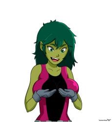 animated beast_boy beast_girl_(dc) breasts dc dc_comics genderswap_(mtf) green_body green_eyes green_hair green_skin holding_breasts large_breasts rule_63 self_fondle teen_titans themightfenek white_background