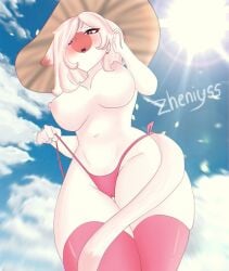 animal_ears animal_tail anthro big_breasts bikini cat_ears cat_tail catgirl countryhumans countryhumans_girl female female_only hat heart heart-shaped_pupils japan_(countryhumans) pink_nipples watermark zheniyss