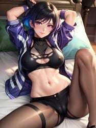 ai_generated ass ass_focus athletic_female bandai_namco belly_button big_ass erect_nipples female female_only looking_at_viewer looking_back midriff namco navel nude pantyhose reina_mishima see-through see-through_clothing short_hair short_pants shorts tekken tekken_8 tomboy