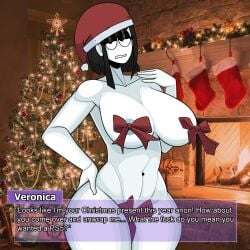 annoyed areola_slip areolae big_breasts black_hair breasts censored censored_nipples censored_pussy christmas christmas_present christmas_present_clothes christmas_tree dating_sim gifting_self goth goth_girl huge_breasts inviting inviting_to_sex inviting_viewer nude nude_female pov ribbon ribbons saltynoodles santa_hat speech talking_to_viewer text text_box thick thick_thighs thighs undressed veronica_(saltynoodles) white_skin