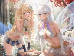 2girls albion_(azur_lane) arm_support azur_lane bare_shoulders bikini blonde_hair blue_eyes blue_gemstone blush breasts bridal_gauntlets centaur_(azur_lane) closed_mouth collarbone detached_sleeves earrings gem hair_between_eyes hair_ornament highres jewelry large_breasts leaning_forward leaning_to_the_side long_hair looking_at_viewer miniskirt multiple_girls nail_polish navel official_art open_mouth pink_nails pointy_ears see-through skirt suzuame_yatsumi swept_bangs swimsuit underboob very_long_hair wading water wet white_bikini white_skirt wings