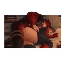 anal anal_sex ass balls bed blush cock cum cumming deadpool gay lkikai marvel masked open_mouth partially_clothed penetration penis penis_in_ass peter_parker pleasure_face spider-man spider-man_(series) superhero superhero_costume tight_clothes tight_clothing wade_wilson yaoi