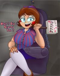 1girls balloon_babe_(fnia) balloon_boy_(fnaf) blue_eyes breasts brown_hair car clothing dialogue female female_only five_nights_at_freddy's five_nights_at_freddy's_(film) five_nights_at_freddy's_2 fnaf looking_at_viewer rule_63 shorts sitting socks tagme