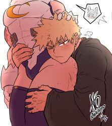 2boys bakugou_katsuki blonde_hair cosplay crossdressing freckles hugging izuku_midoriya katsuki_bakugou leotard male male/male male_only midoriya_izuku miruko_(cosplay) muscular muscular_male my_hero_academia naagyoo red_eyes spiky_hair thick thick_ass thick_thighs thighhighs yaoi