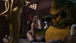 3d 3girls alexbridger armlet arms_behind_back ass belly_dancer belly_dancer_outfit boba_fett bracelet brown_eyes brown_hair chain_leash chained chains cleavage femsub green_skin harem harem_girl harem_outfit headwear hutt jabba_the_hutt jawa kneeling large_breasts laudica loincloth medium_breasts naked nude nude_female oola princess_leia_organa pussy salacious_crumb slave slave_bikini slave_collar slave_leia slave_outfit slavegirl star_wars submissive_female twi'lek