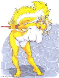 2002 anthro bent_forward bent_over bound bound_wrists breasts female furry innie_pussy mouth_open nipples nude pussy ratcandy skunk solo solo_female standing stone_floor white_countershading yellow_fur