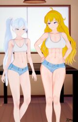 2girls arrancon blonde_female blonde_hair blue_eyes different_breast_sizes jealous_female looking_at_another purple_eyes rwby short_shorts tank_top weiss_schnee white_hair white_hair_female yang_xiao_long