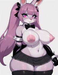 ai_generated anthro bangs big_areola big_breasts big_nipples bowtie bowtie_collar bunny bunny_ears bunny_girl bunnygirl furry giant_breasts goth goth_girl gothic huge_areolae huge_breasts huge_nipples miniskirt p0rtal_w0mbat pink_eyes pink_hair rabbit rabbit_ears rabbit_girl rabbit_humanoid short_skirt skirt spiked_bracelet spikes twintails